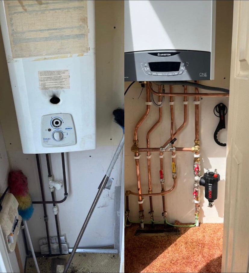 Before and after of a boiler replacement: the old boiler on the left, the new boiler with new copper pipework on the right