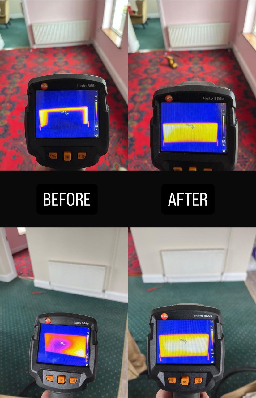Thermal camera readings on two radiators, before and after a power flush, the after images showing heat across the whole radiator